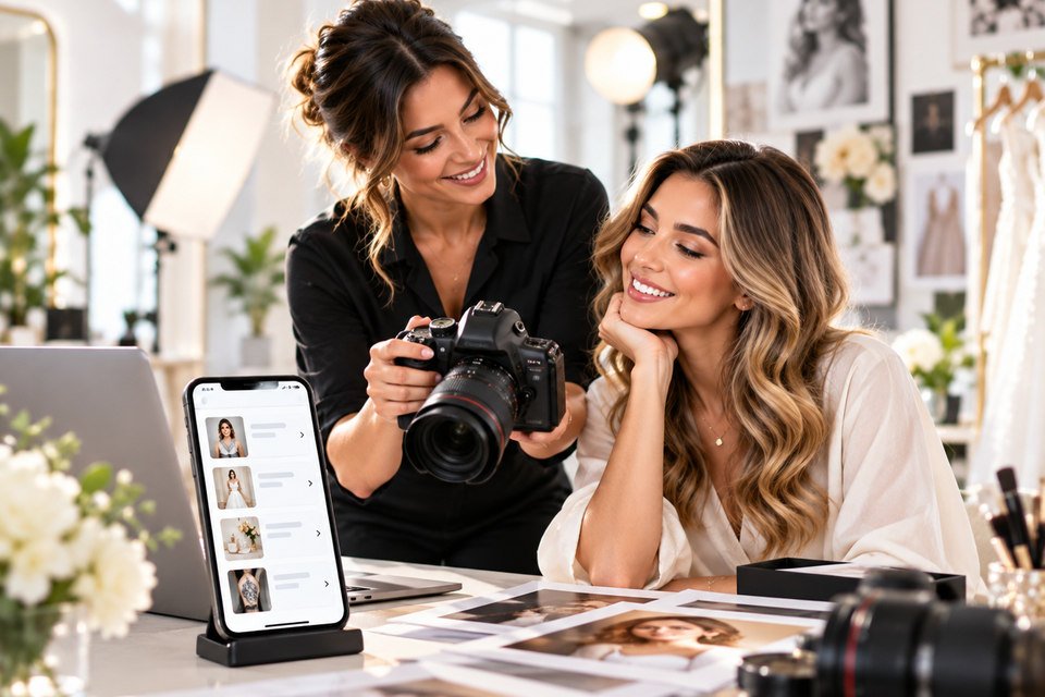 Illustration of a photographer reviewing a camera with a client in a studio; the phone screen is an illustrative concept.