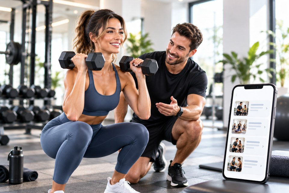 Illustration of a trainer supporting a client during a one-to-one exercise session, with a conceptual phone menu beside them.