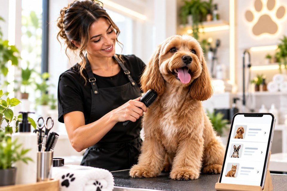 Illustration of a groomer brushing a dog in a bright grooming studio, beside a phone with an illustrative menu.
