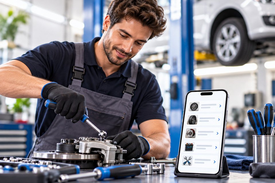 Illustration of a mechanic working at a bench with a phone displaying a conceptual list of services.
