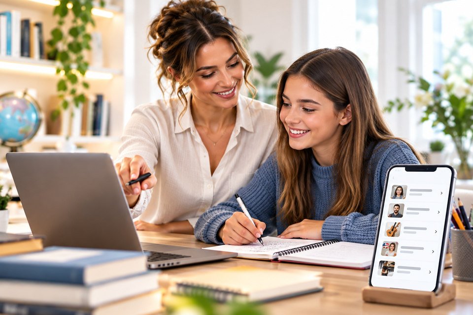 Illustration of a tutor and learner working together at a desk; the nearby phone displays an illustrative menu.