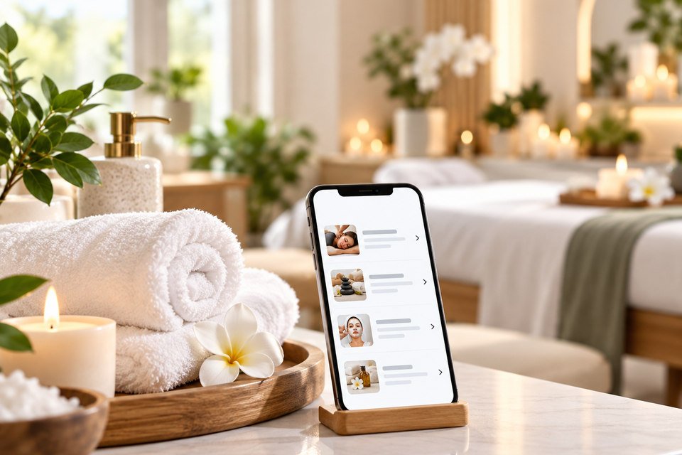 Illustration of a calm spa room with folded towels and a phone showing a conceptual service menu.