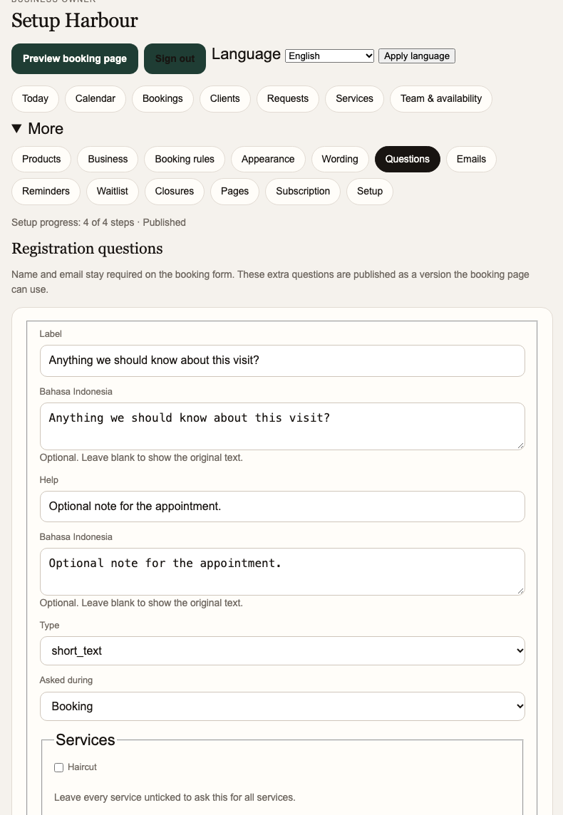 One published booking question