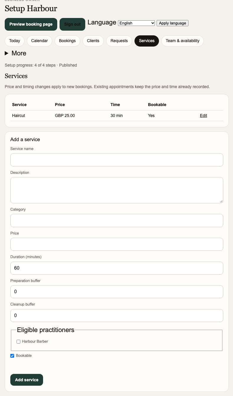 Services list and the add-a-service form