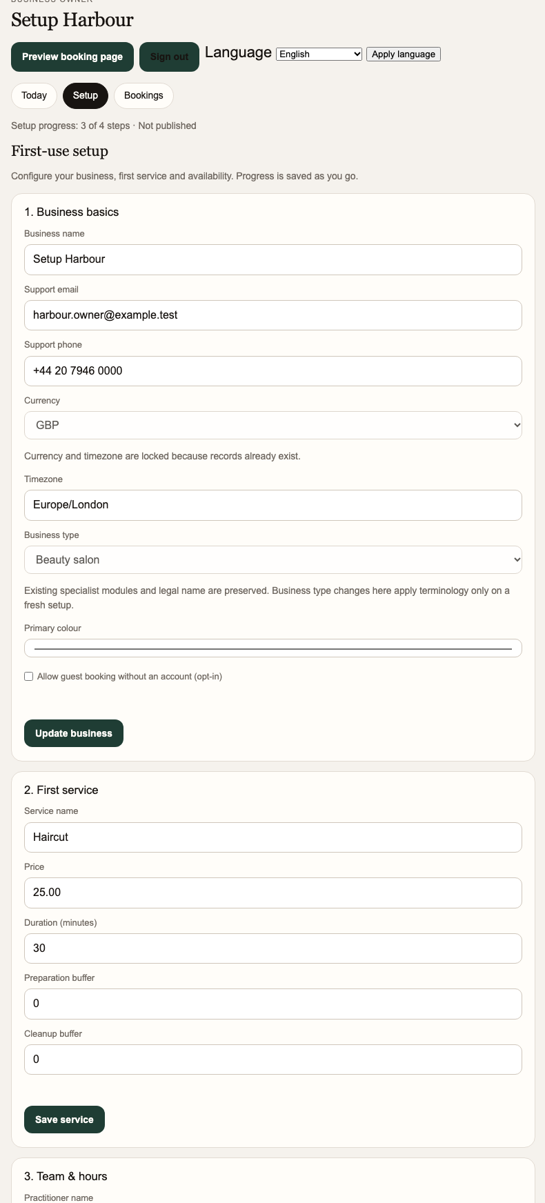 Business, first service, and hours saved