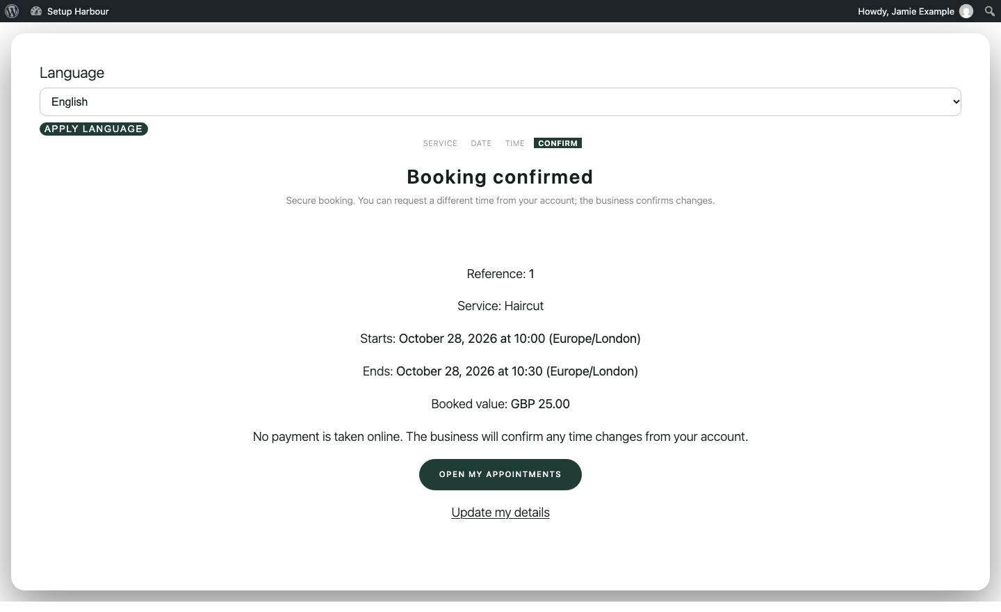 Booking confirmed for 28 October