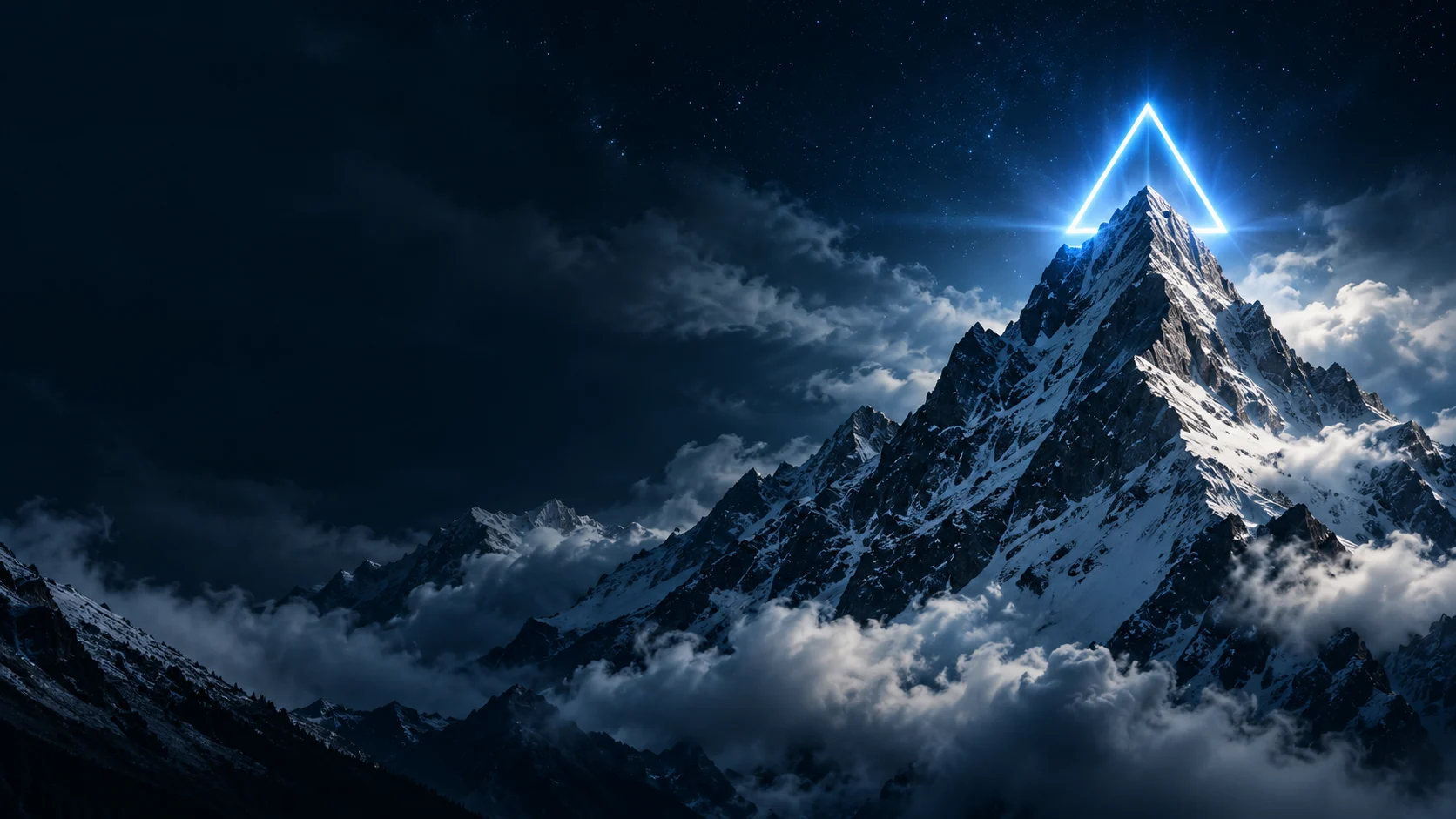 A dramatic mountain peak under a luminous triangular outline in the night sky