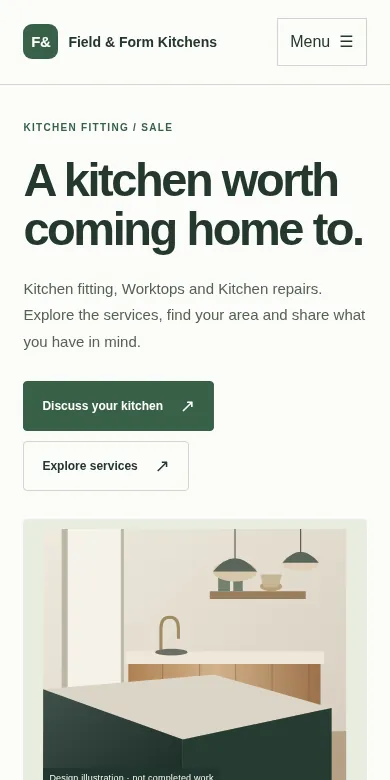 The same Field & Form Kitchens homepage on a narrow screen, Modern direction. Fictional business.