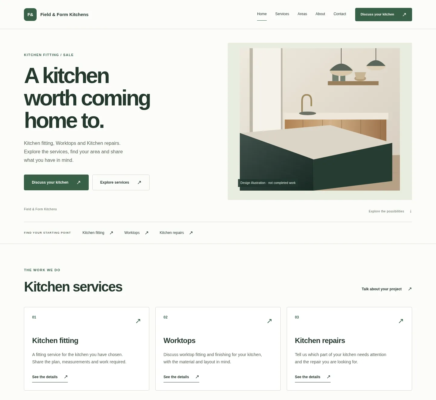 Field & Form Kitchens homepage in the Modern direction. The heading reads A kitchen worth coming home to. Fictional business.