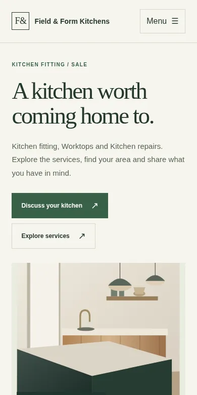 The same Field & Form Kitchens homepage on a narrow screen, Refined direction. Fictional business.
