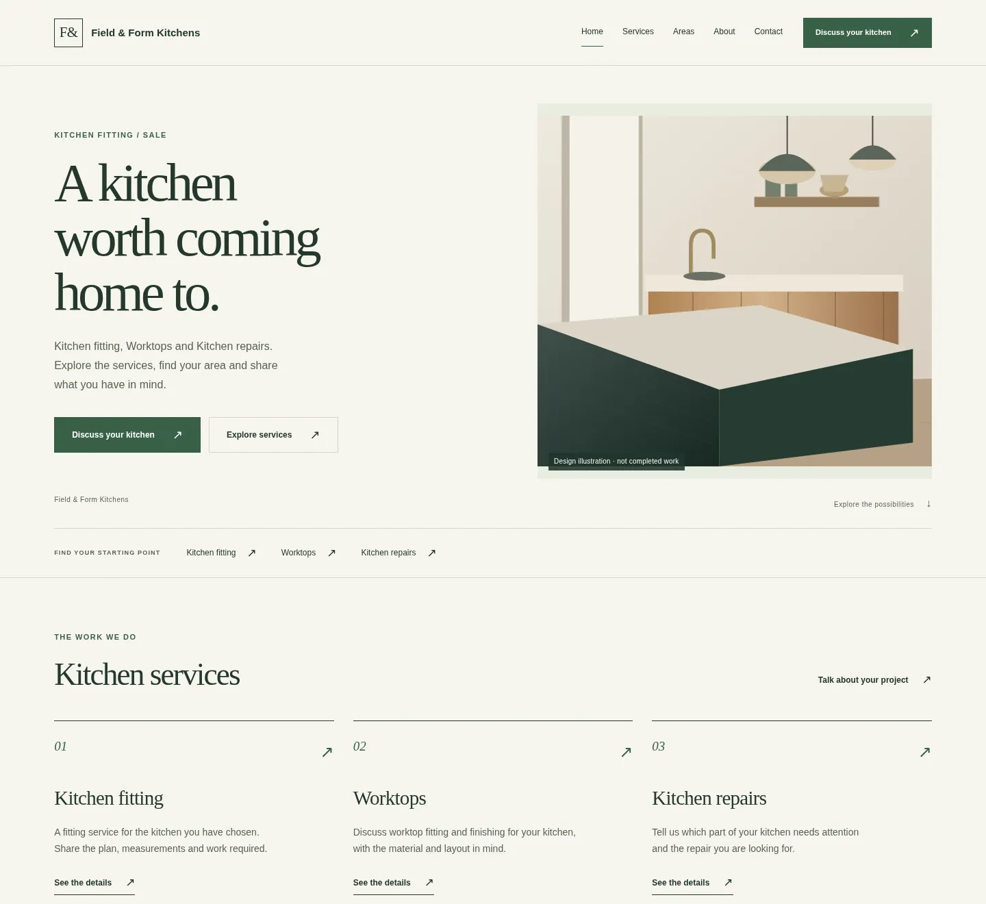 Field & Form Kitchens homepage in the Refined direction. The heading reads A kitchen worth coming home to. Fictional business.