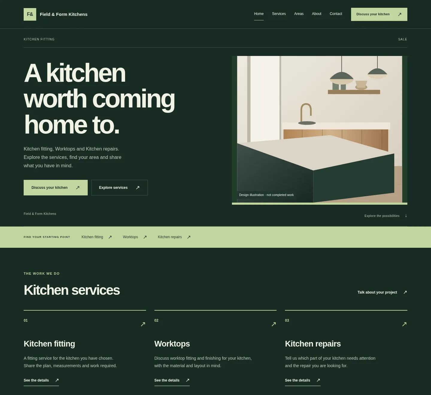 Field & Form Kitchens homepage in the Statement direction. The heading reads A kitchen worth coming home to. Fictional business.