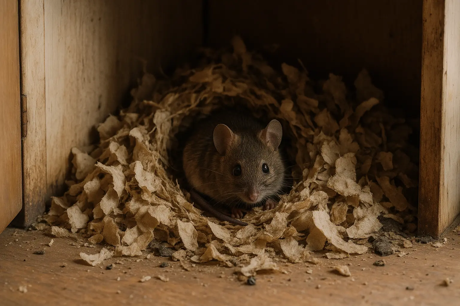 Mouse nest in cupboard void