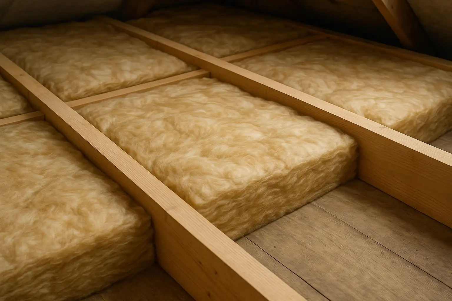 Neatly installed fiberglass loft insulation in a UK loft