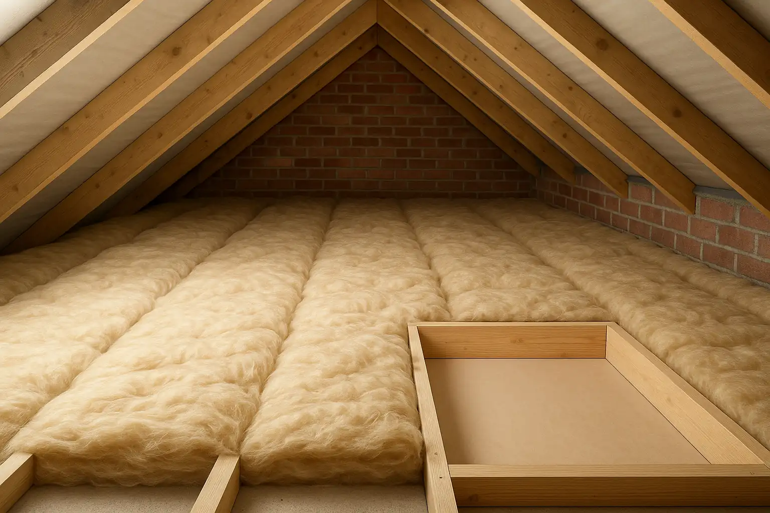 Finished fiberglass loft insulation coverage in a UK loft