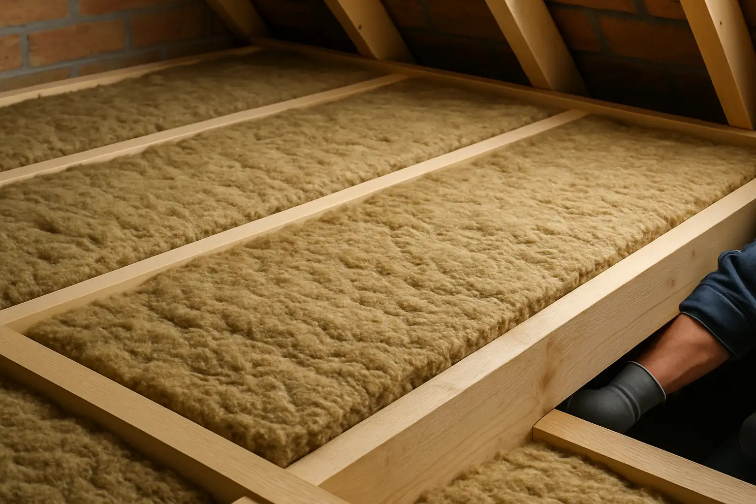 Dense mineral wool loft insulation installed neatly in a UK loft
