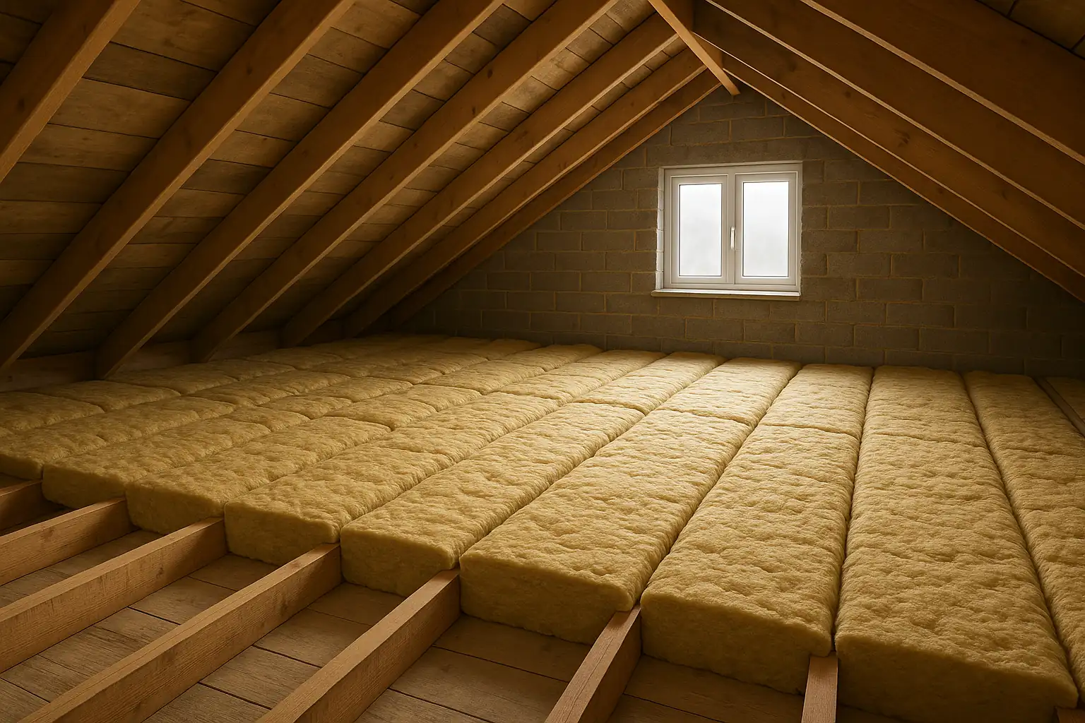 Finished mineral wool loft insulation coverage in a UK loft