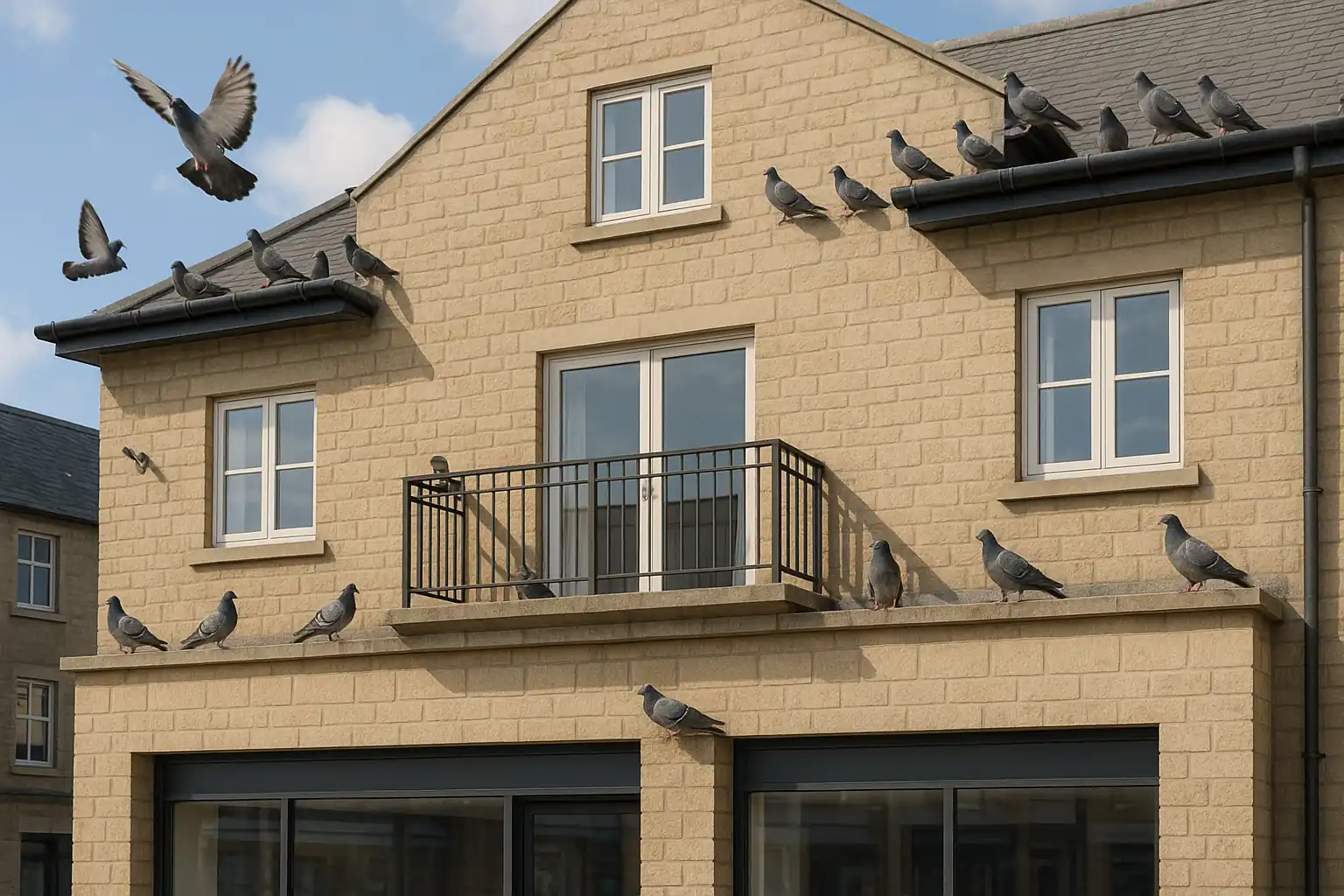 Pigeon fouling and roosting on a building ledge