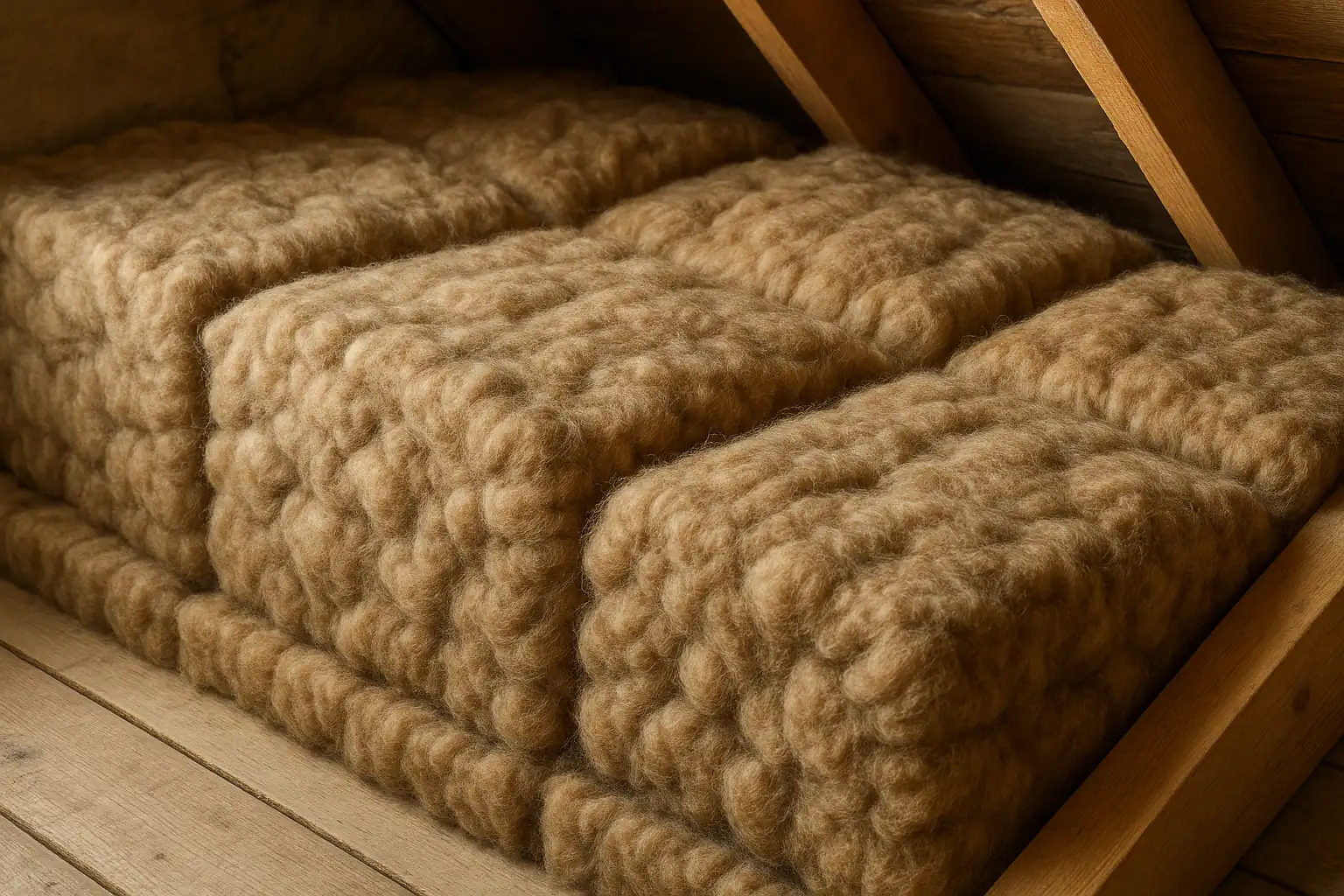 Natural sheep wool loft insulation installed neatly in a UK loft