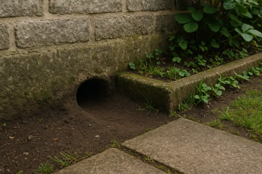 Rat burrow or access hole