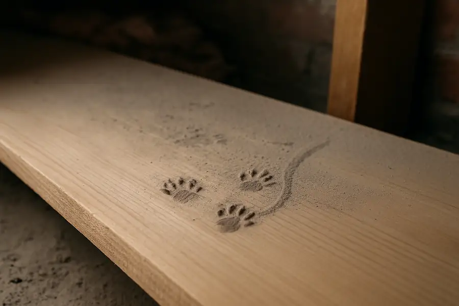 Dusty footprints and tail marks left by rat activity