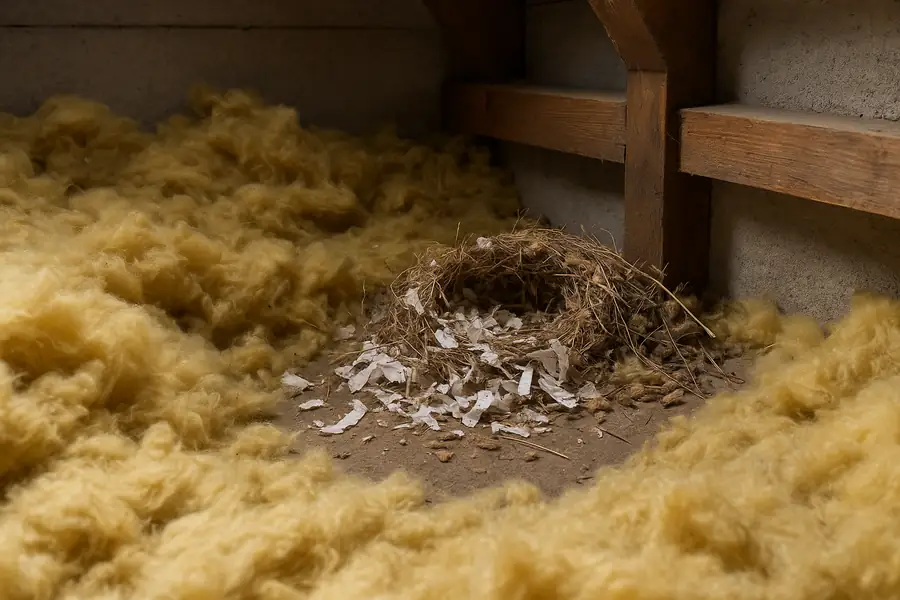Disturbed insulation and nesting debris indicating rat nesting activity